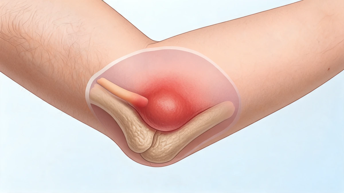 Illustration médicale montrant une bursite du coude avec une inflammation de la bourse séreuse