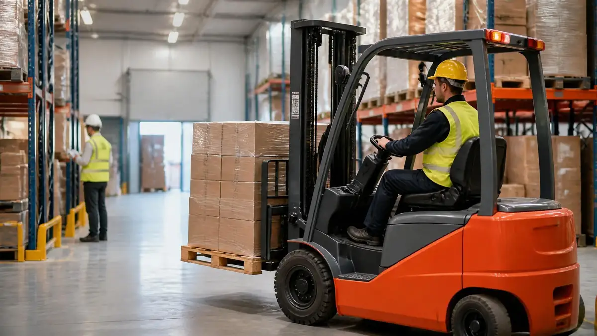 Conducteur de chariot élévateur en formation r489 dans un entrepôt logistique