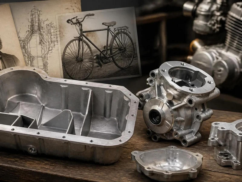 Plusieurs carters moteur en aluminium posés sur un établi devant des illustrations anciennes de mécanique