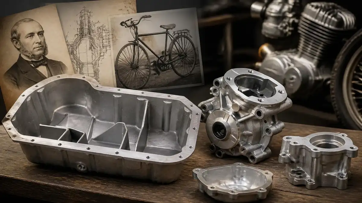 Plusieurs carters moteur en aluminium posés sur un établi devant des illustrations anciennes de mécanique