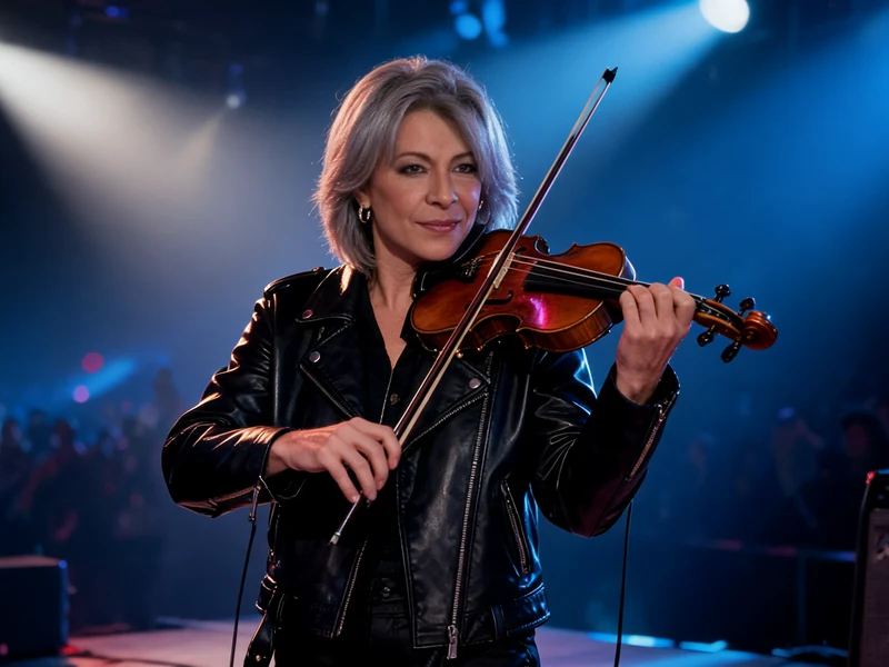 Catherine Lara Rockeuse de diamant joue du violon sur scène sous des projecteurs bleus