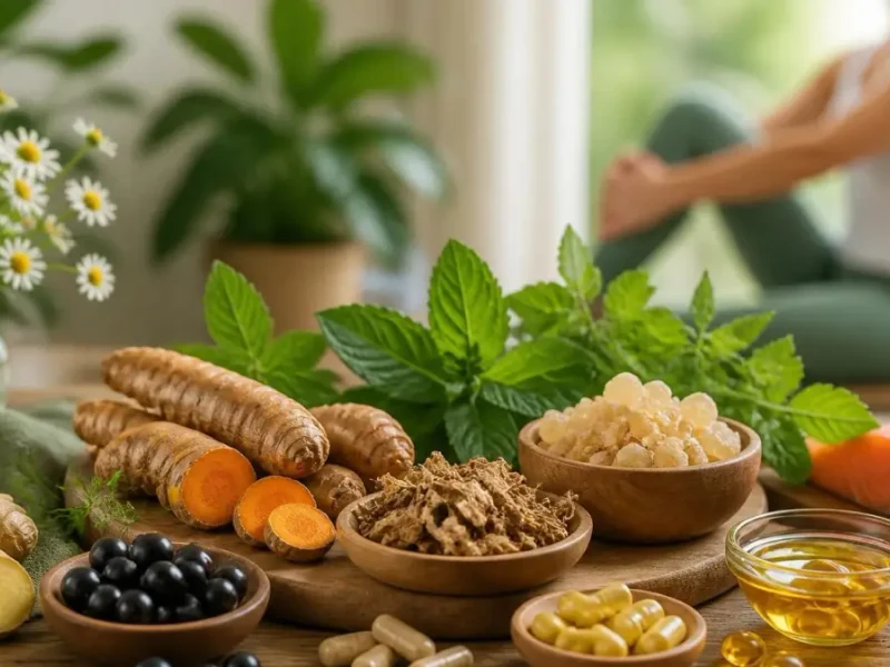 Divers aliments sains sur une table évoquant un anti-inflammatoire naturel avec une femme pratiquant le yoga en arrière-plan