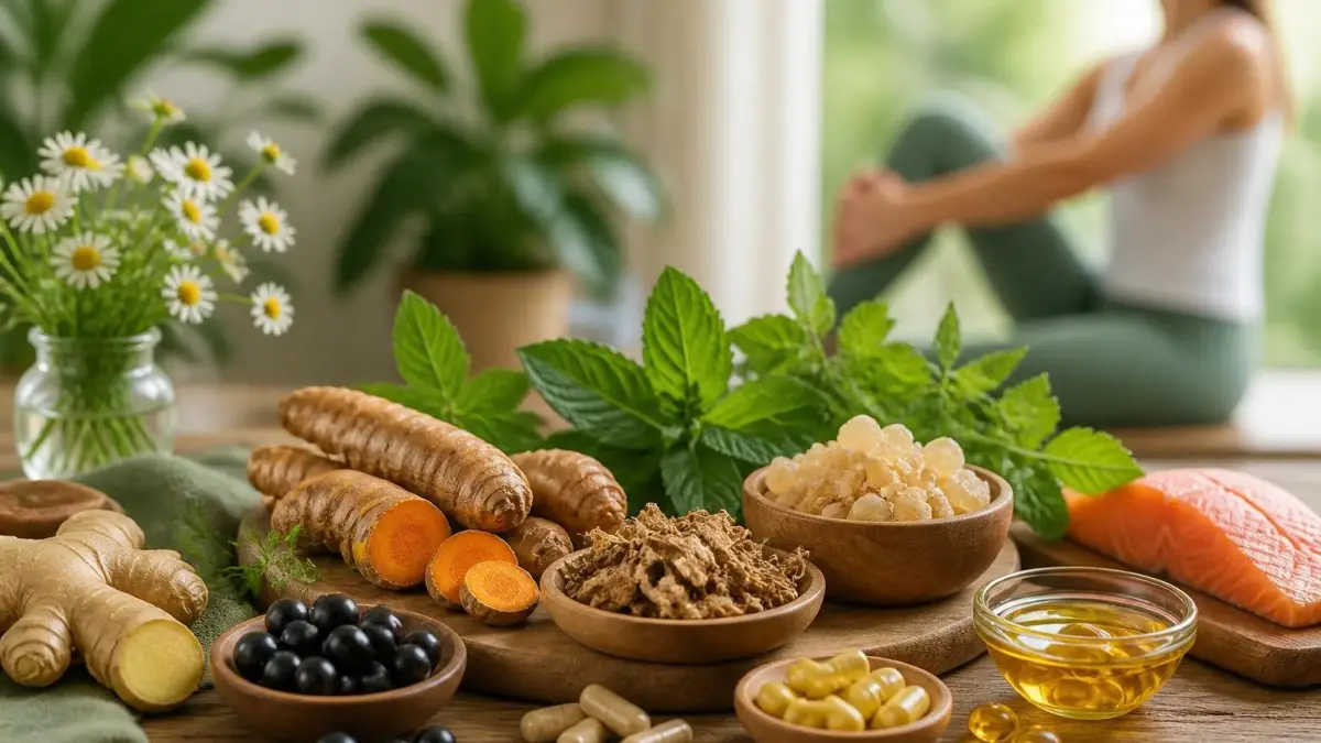Divers aliments sains sur une table évoquant un anti-inflammatoire naturel avec une femme pratiquant le yoga en arrière-plan