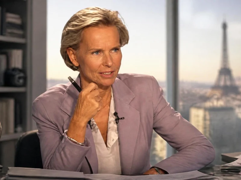 Portrait de la journaliste Christine Ockrent posant à son bureau avec la tour Eiffel en arrière-plan