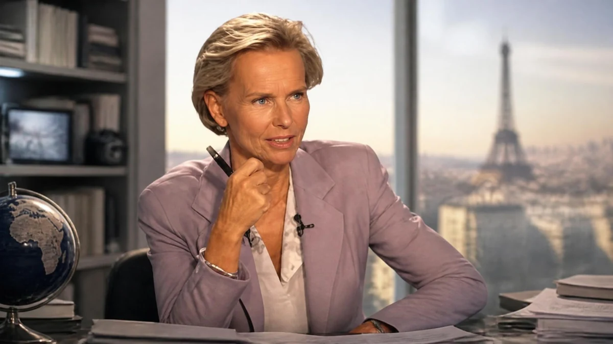 Portrait de la journaliste Christine Ockrent posant à son bureau avec la tour Eiffel en arrière-plan