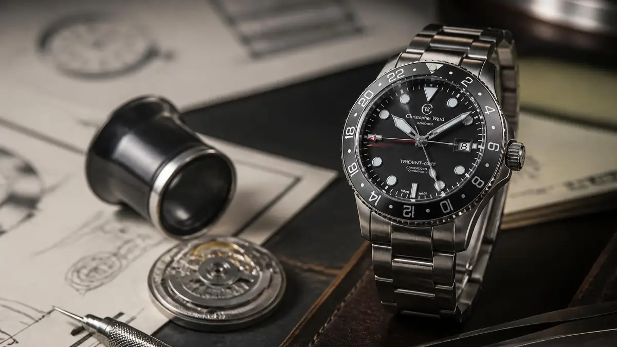 Une montre Christopher Ward élégante posée sur un plan de travail avec des outils d'horloger et des schémas techniques