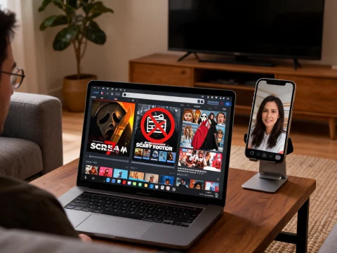 Un homme utilise son ordinateur pour naviguer sur Cineplateforme tout en discutant en visio sur son téléphone