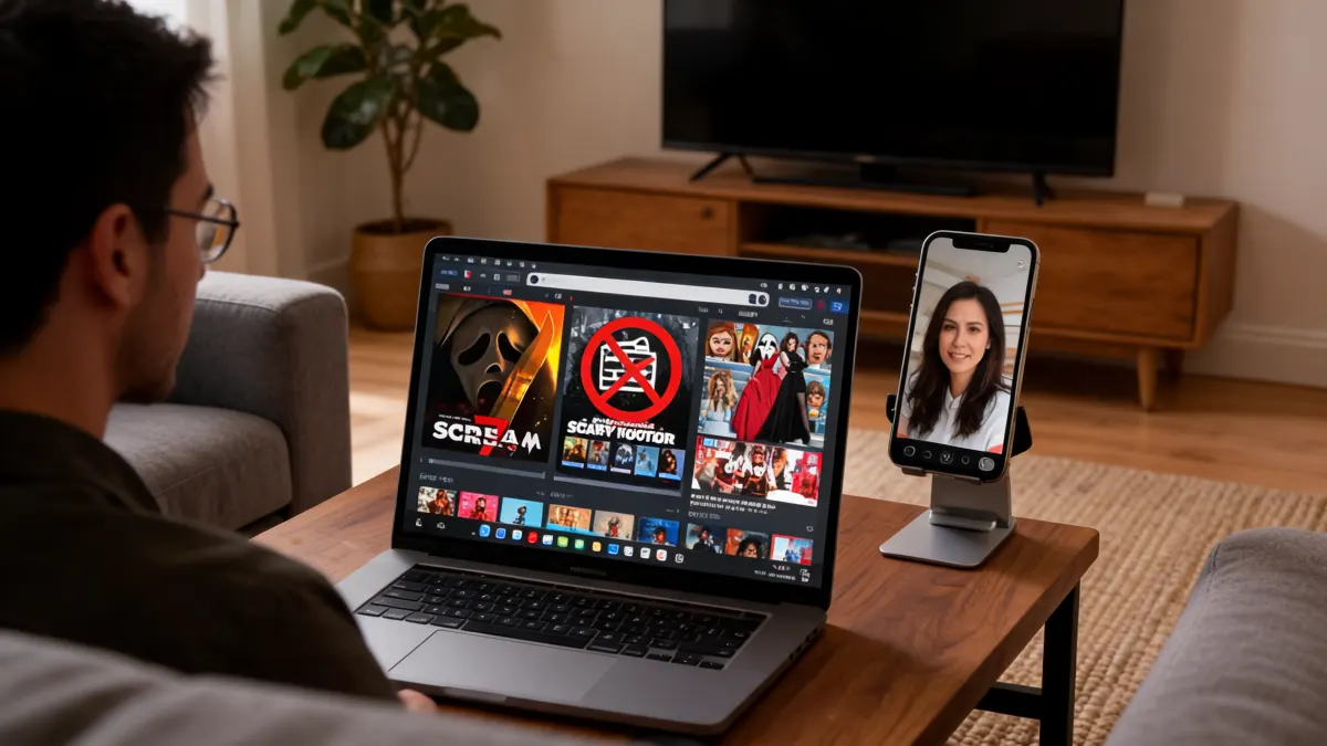 Un homme utilise son ordinateur pour naviguer sur Cineplateforme tout en discutant en visio sur son téléphone
