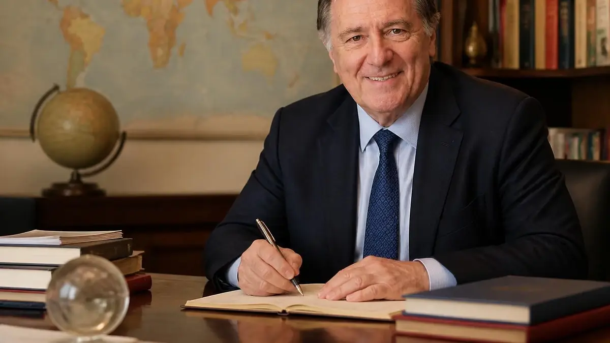 Portrait de Claude Blanchemaison souriant à son bureau avec un globe terrestre et des livres en arrière-plan