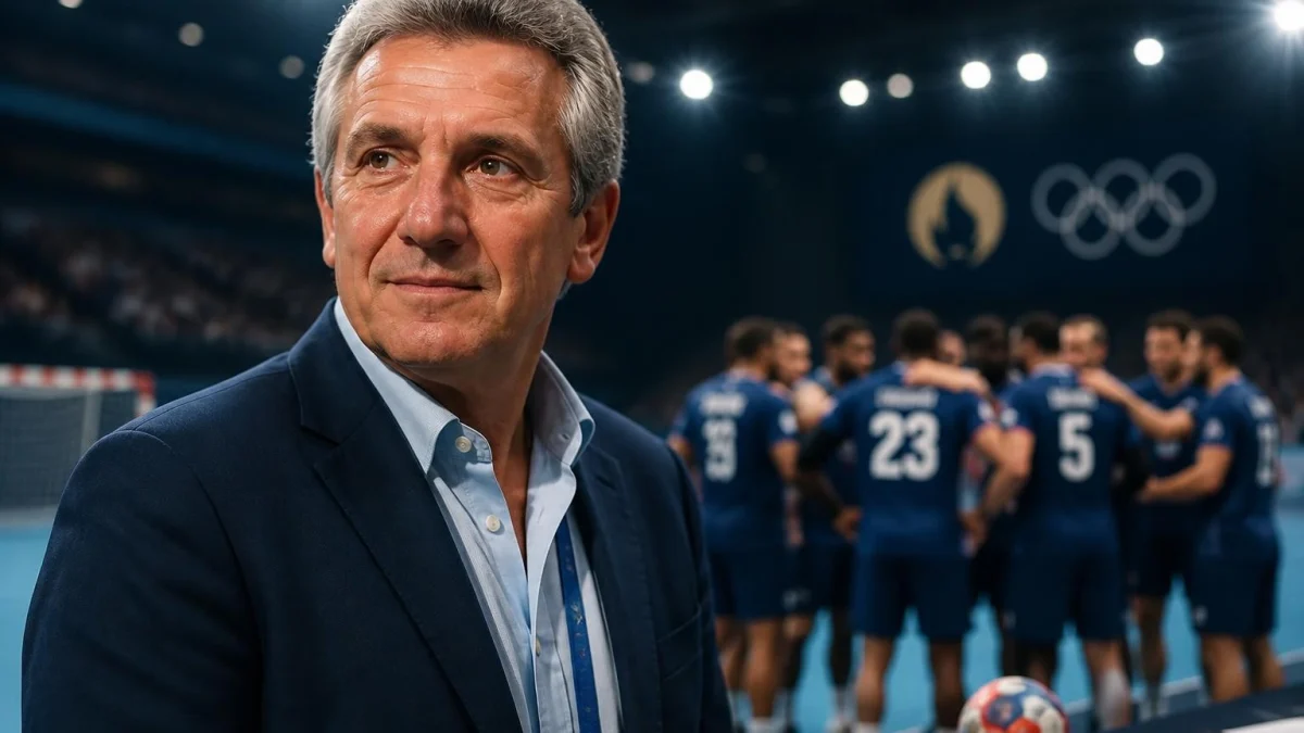 Portrait de Claude Onesta observant son équipe de handball sur le terrain lors d'une compétition internationale