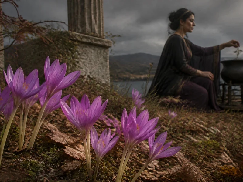 Une femme mystérieuse prépare une potion près de fleurs de colchique d'automne 8 lettres dans un paysage sombre