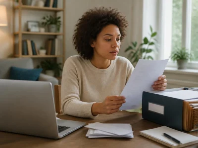 Une femme consulte des documents administratifs pour savoir combien de temps garder factures EDF chez elle