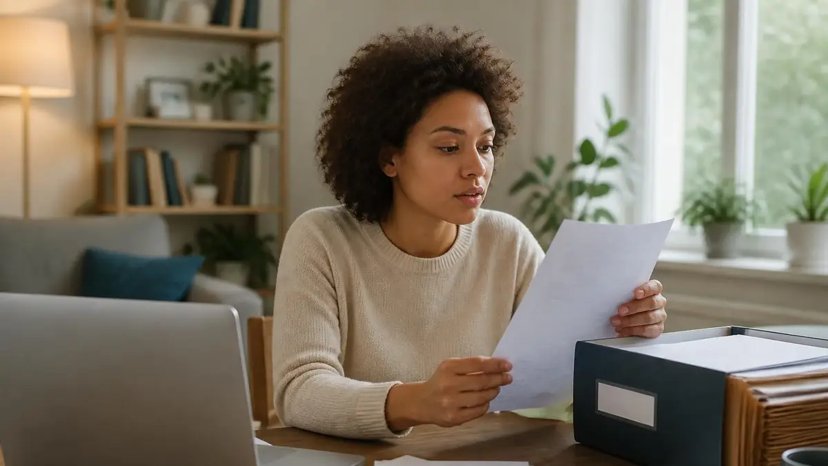 Une femme consulte des documents administratifs pour savoir combien de temps garder factures EDF chez elle