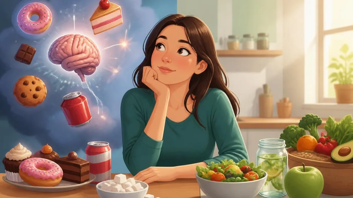 Une femme songe à des aliments sucrés tout en mangeant sainement pour apprendre comment arrêter le sucre