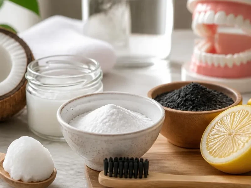 Ingrédients naturels pour blanchir dents naturellement à côté d'un modèle de mâchoire sur une table