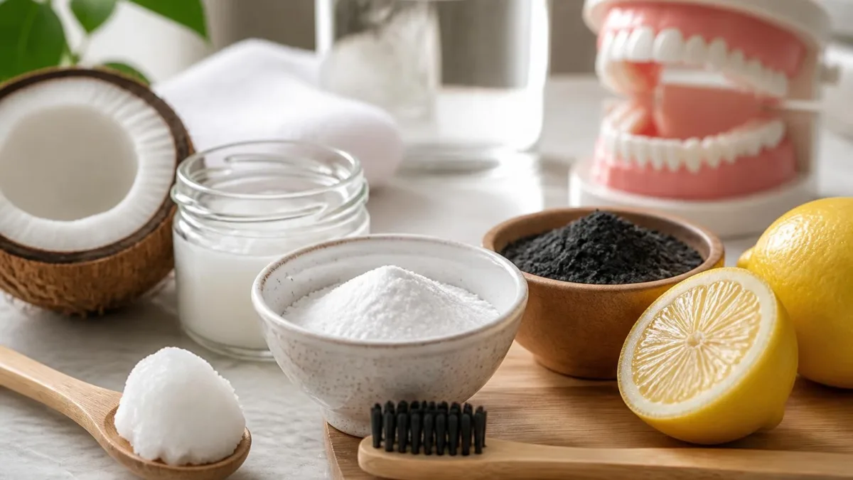 Ingrédients naturels pour blanchir dents naturellement à côté d'un modèle de mâchoire sur une table