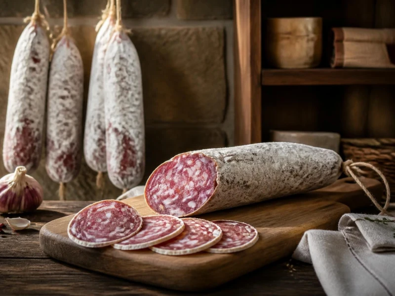 Des saucissons secs suspendus et tranchés sur une planche en bois pour illustrer comment conserver du saucisson sec