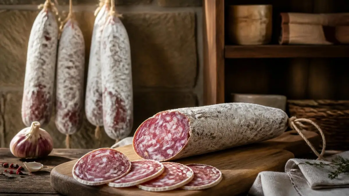 Des saucissons secs suspendus et tranchés sur une planche en bois pour illustrer comment conserver du saucisson sec