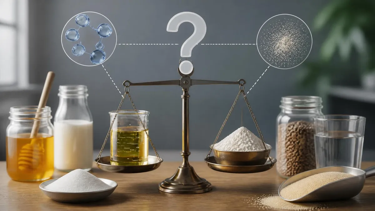 Une balance compare des ingrédients liquides et solides pour illustrer la conversion du gramme en litre