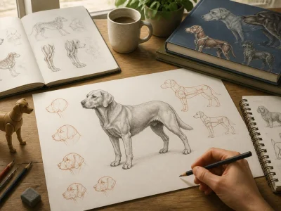 Un artiste apprend comment dessiner les chiens à travers des croquis détaillés sur un bureau rempli de matériel de dessin