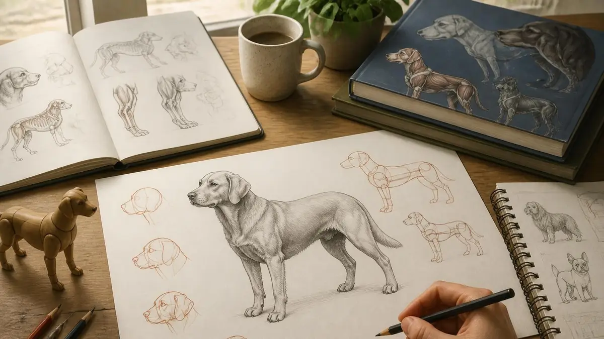 Un artiste apprend comment dessiner les chiens à travers des croquis détaillés sur un bureau rempli de matériel de dessin