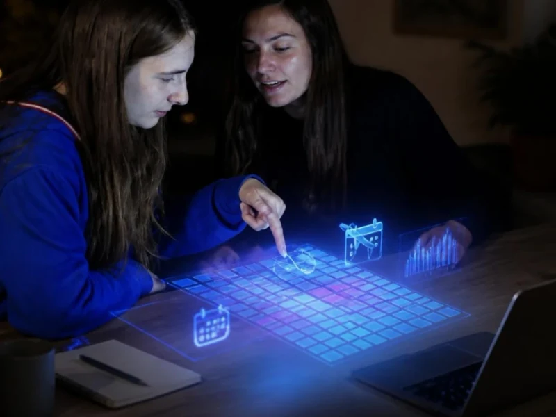 Deux jeunes femmes utilisant une interface holographique futuriste pour planifier un voyage avec flexivol