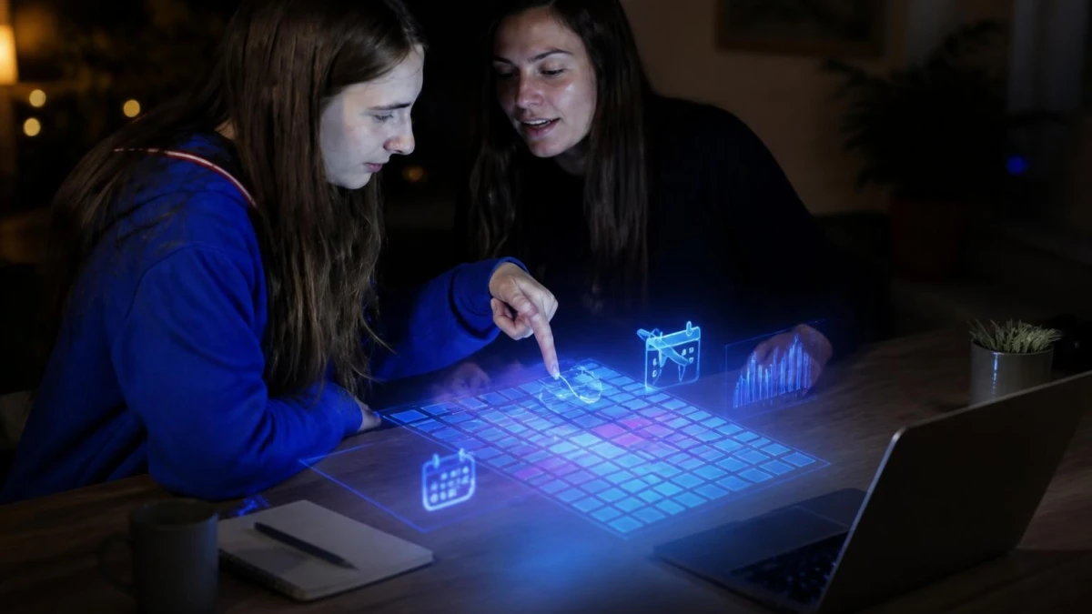 Deux jeunes femmes utilisant une interface holographique futuriste pour planifier un voyage avec flexivol