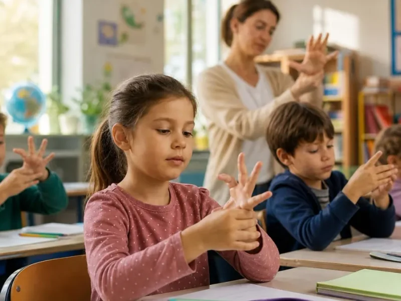 Une institutrice guide ses élèves dans une séance de gym des doigts en classe pour améliorer leur dextérité
