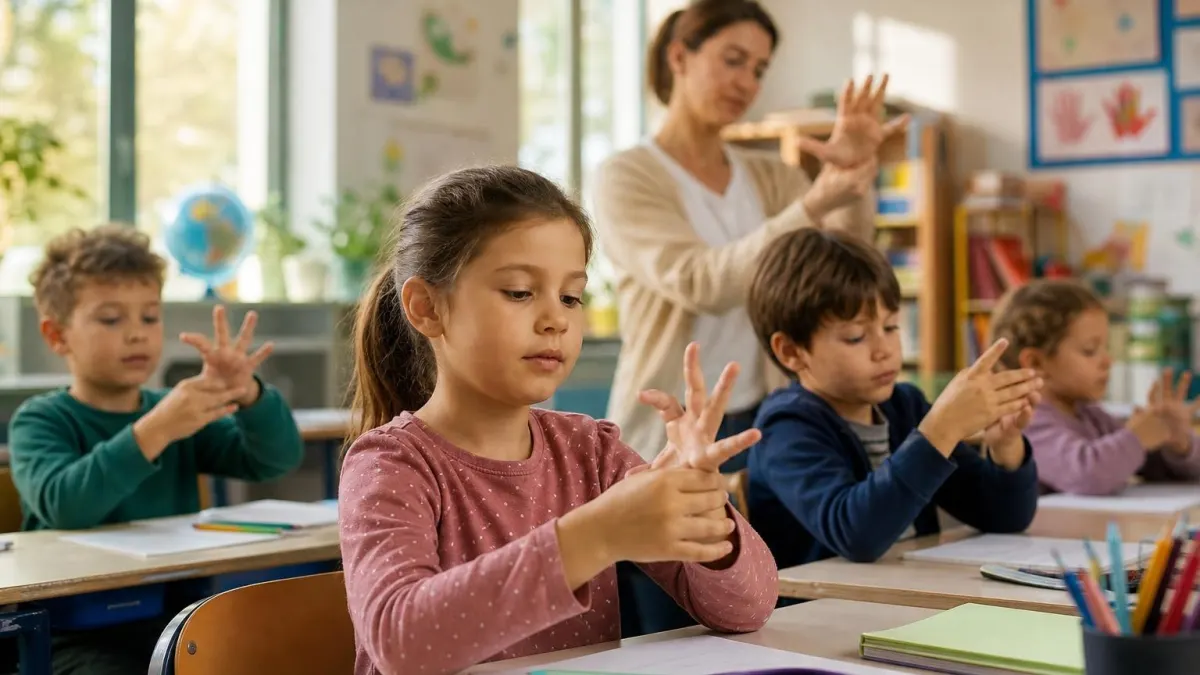 Une institutrice guide ses élèves dans une séance de gym des doigts en classe pour améliorer leur dextérité
