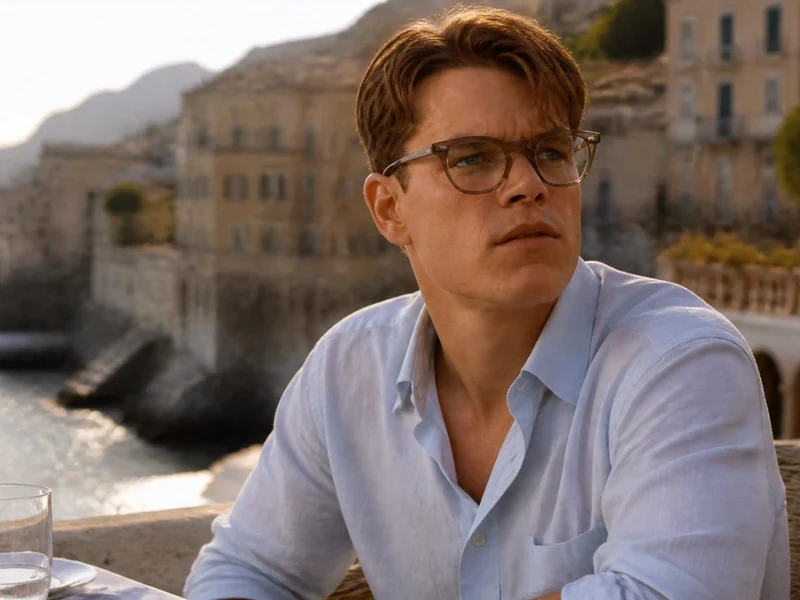 Portrait de matt damon mr ripley portant des lunettes devant un paysage côtier italien ensoleillé