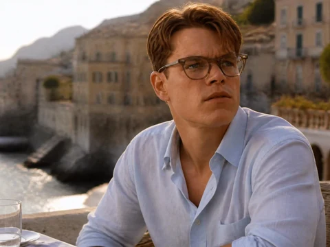 Portrait de matt damon mr ripley portant des lunettes devant un paysage côtier italien ensoleillé