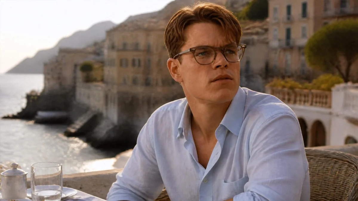 Portrait de matt damon mr ripley portant des lunettes devant un paysage côtier italien ensoleillé