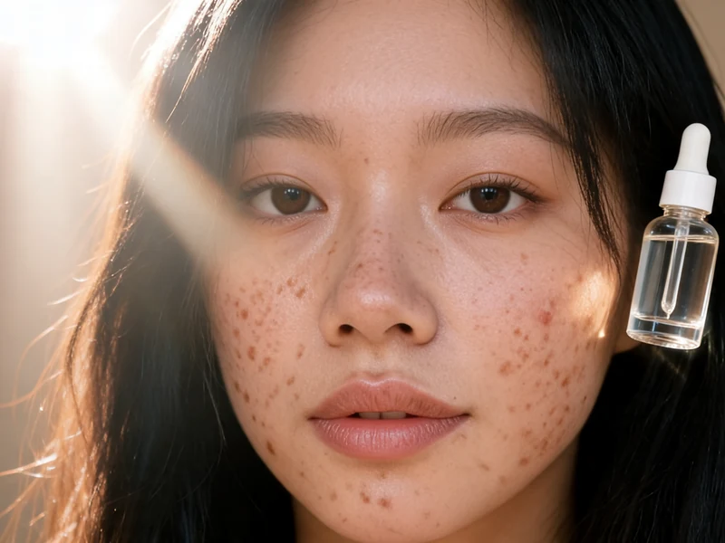 Jeune femme au visage parsemé de taches et tenant un sérum pour traiter chaque tâche de soleil