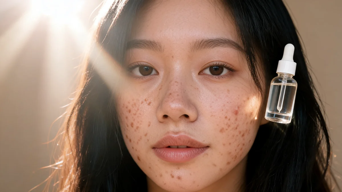 Jeune femme au visage parsemé de taches et tenant un sérum pour traiter chaque tâche de soleil