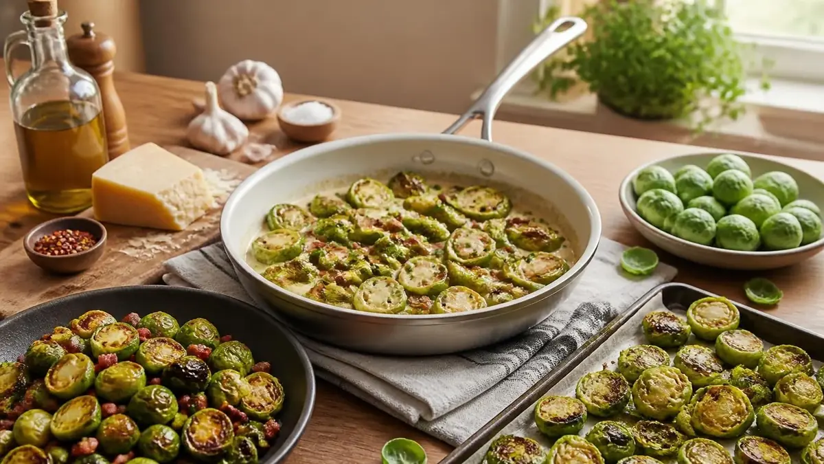 Poêlée de choux de Bruxelles cuisinés avec des ingrédients frais dans le cadre d'une recette pour Chou de Bruxelles