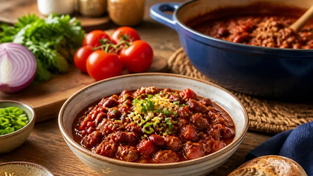 Bol de chili con carne savoureux préparé selon une recette chili cone carne facile avec des ingrédients frais