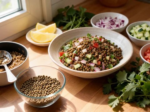 Un grand bol de lentilles en salade entouré d'ingrédients frais comme des tomates, du concombre et des herbes