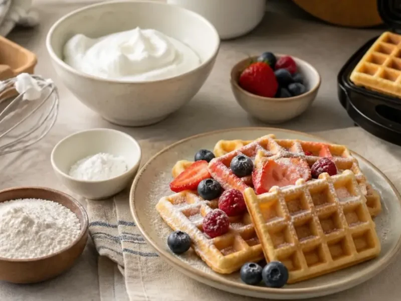 Une assiette de gaufres aux fruits rouges pour illustrer cette gaufres sans gluten recette facile et gourmande