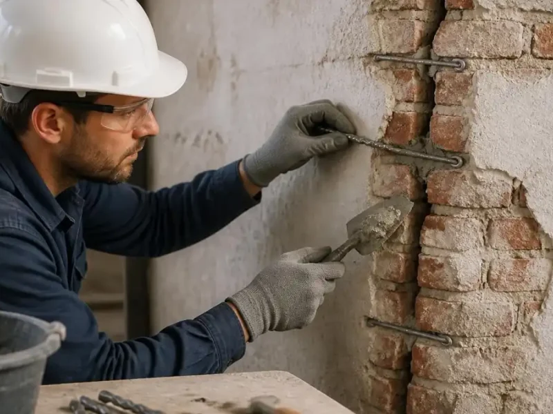 Un ouvrier en casque de chantier installe une agrafe pour fissure mur sur un mur en briques endommagé