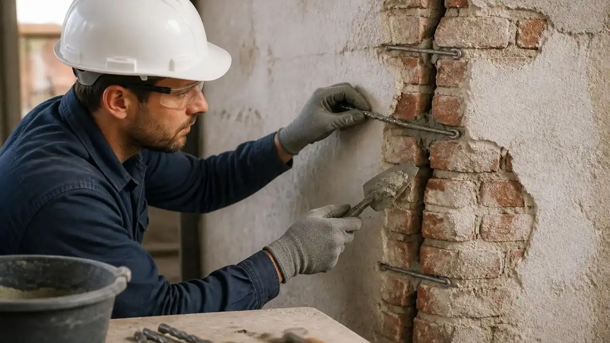 Un ouvrier en casque de chantier installe une agrafe pour fissure mur sur un mur en briques endommagé