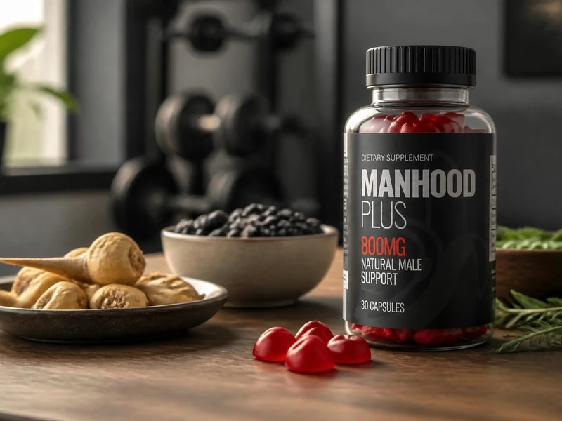 Flacon de complément alimentaire Manhood Plus posé sur une table avec des ingrédients naturels et des gommes rouges