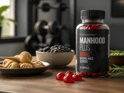 Flacon de complément alimentaire Manhood Plus posé sur une table avec des ingrédients naturels et des gommes rouges