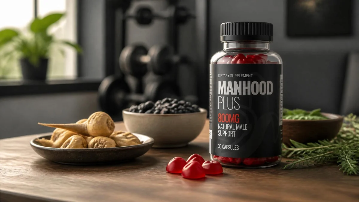 Flacon de complément alimentaire Manhood Plus posé sur une table avec des ingrédients naturels et des gommes rouges