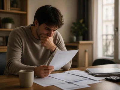 Homme inquiet lisant des documents administratifs, se sentant condamné à payer mais je ne peux pas régler ses dettes
