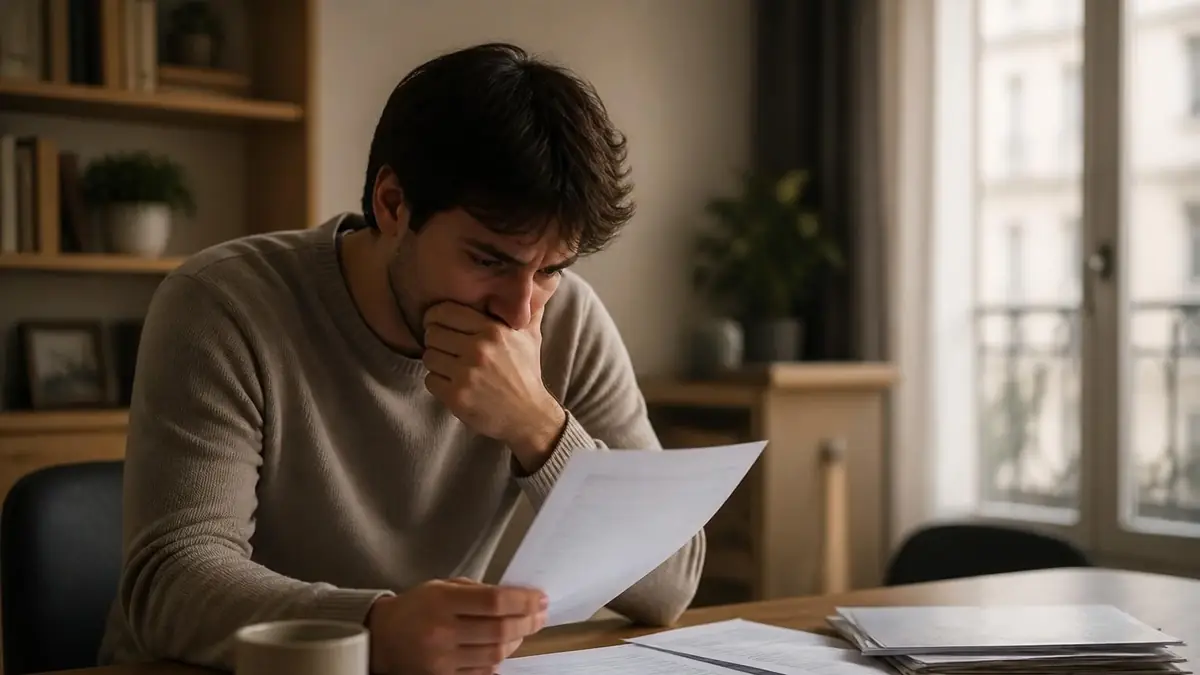 Homme inquiet lisant des documents administratifs, se sentant condamné à payer mais je ne peux pas régler ses dettes