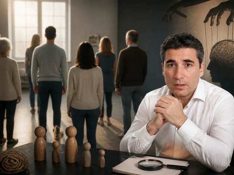 Un homme observe un groupe de personnes lors d'une séance thérapeutique pour illustrer la constellation familiale danger