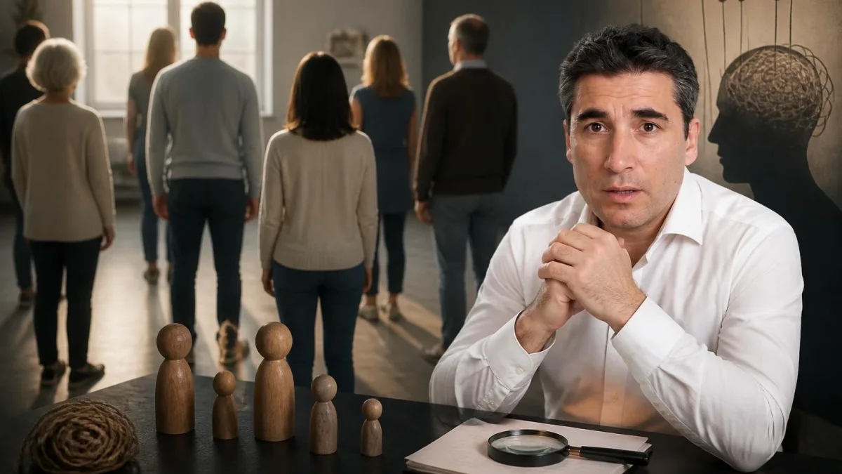 Un homme observe un groupe de personnes lors d'une séance thérapeutique pour illustrer la constellation familiale danger