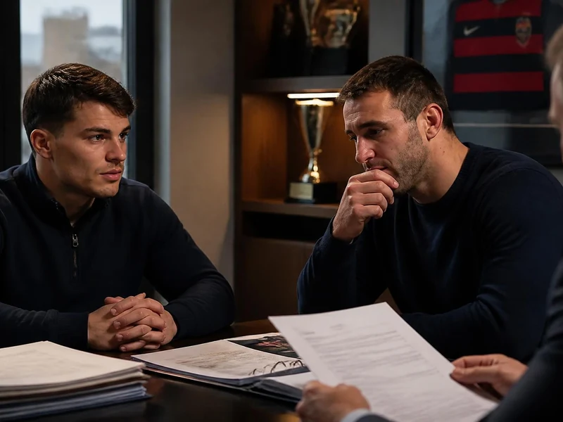Antoine Dupont Anthony Jelonch en pleine discussion sérieuse autour de documents dans un bureau