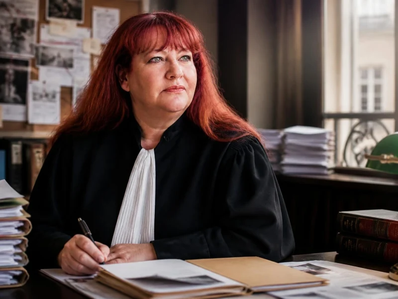 Portrait de l'avocate Corinne Herrmann en robe noire travaillant dans son bureau entourée de dossiers