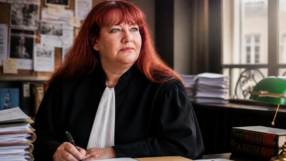 Portrait de l'avocate Corinne Herrmann en robe noire travaillant dans son bureau entourée de dossiers